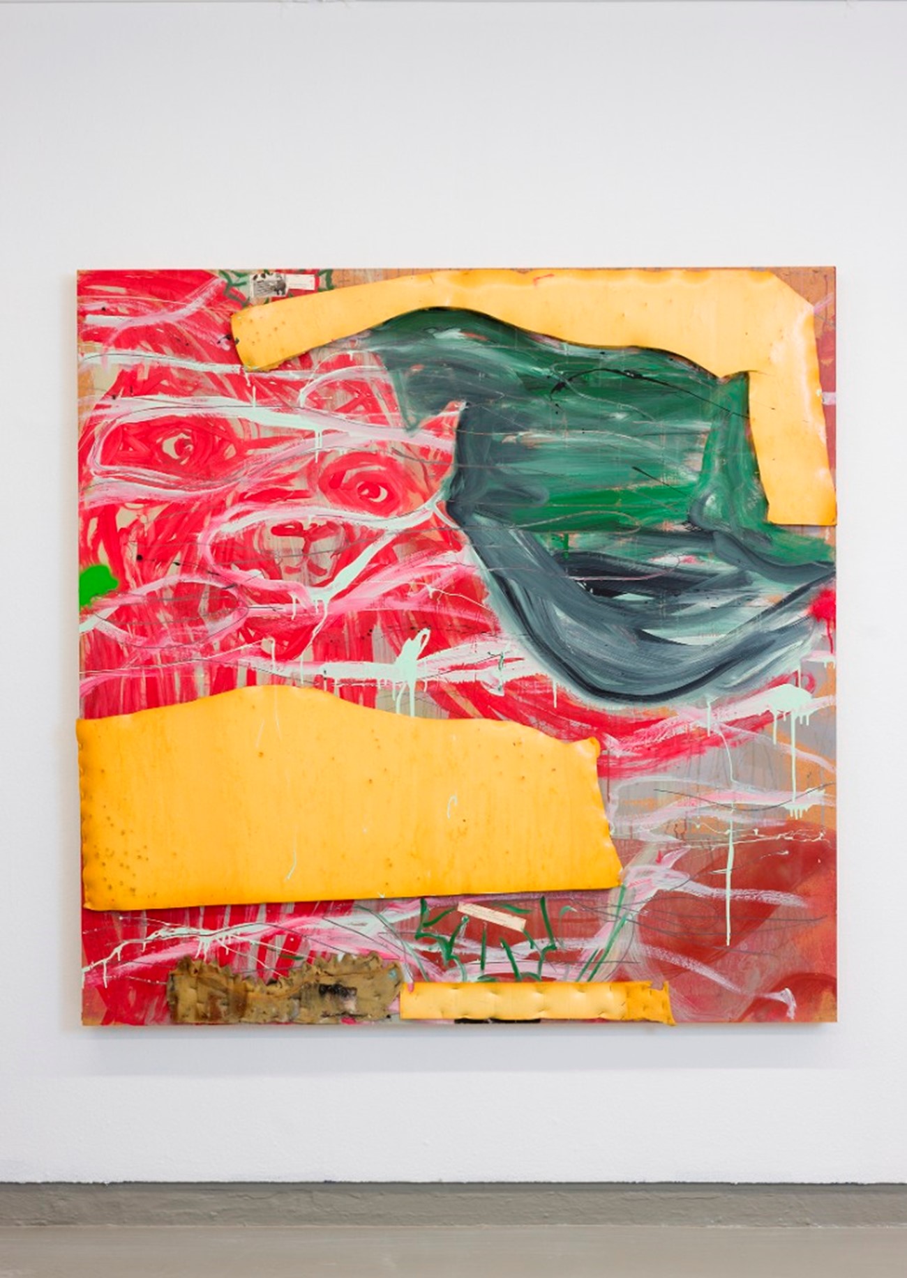 Læsestykke (skriftlig dansk, stil), 1987, akryl, skumgummi og collage på masonit , 150 x 150 cm
