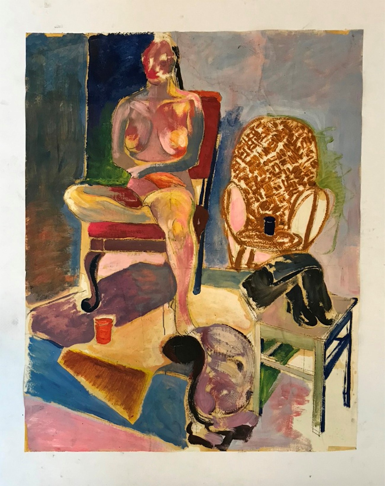 Morten Søkilde: WOMAN IN STILLEBEN, 1994, Oilpainting on paper, 124 x 99 cm