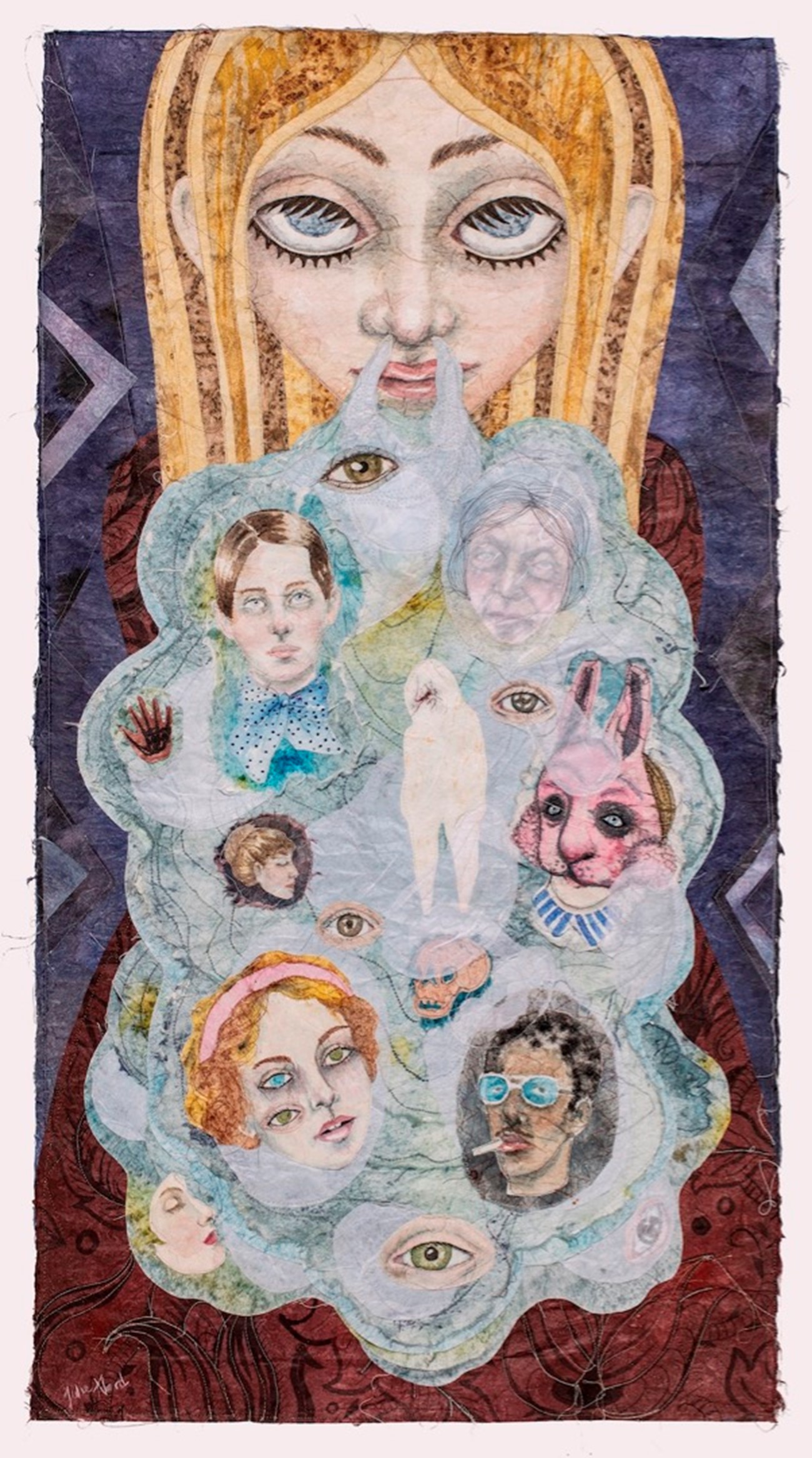 Julie Nord: Ectoplasm, 2021, akvarel, tush og sytråd på japansk yumepapir, 111h x 60w cm