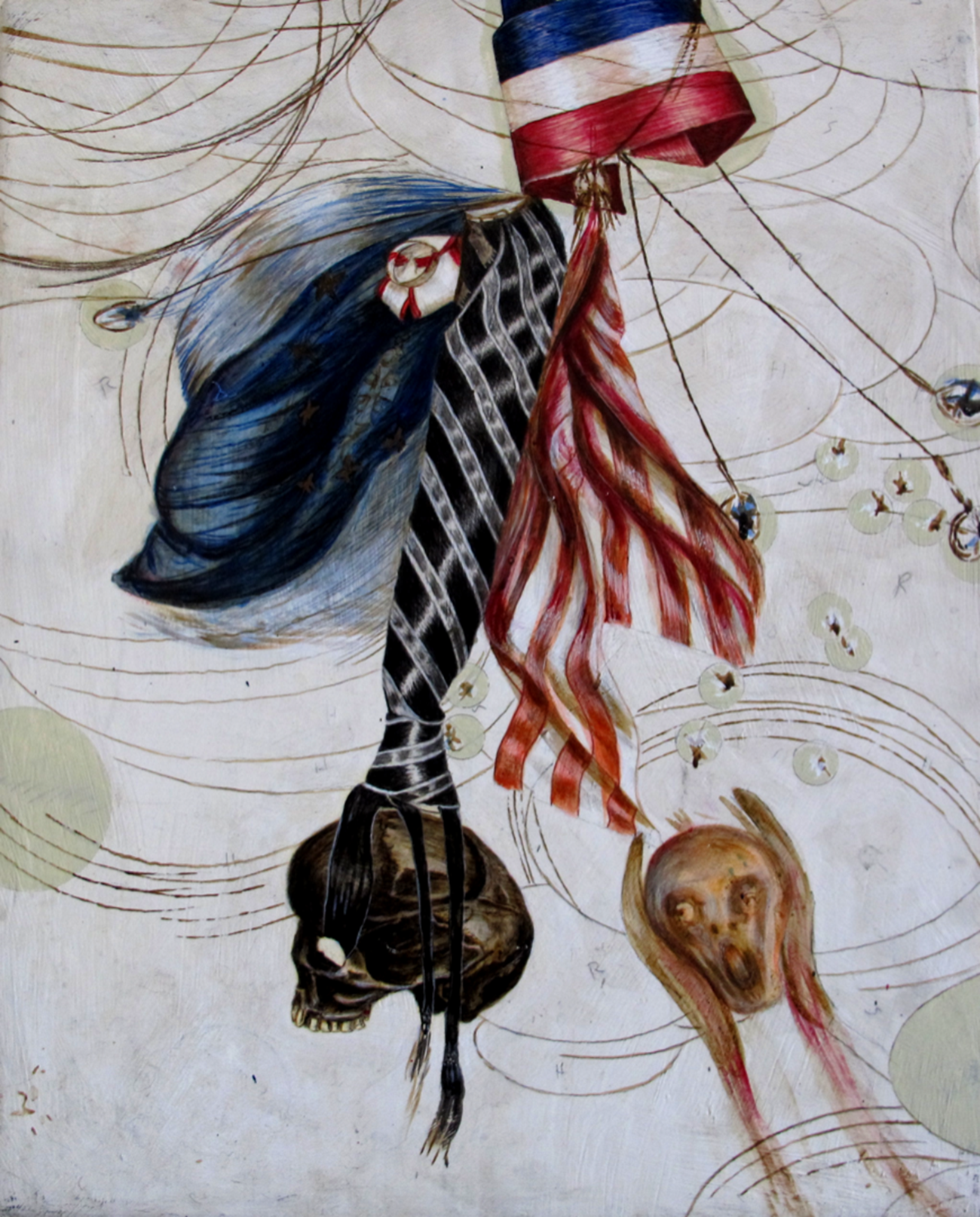 Berit Heggenhougen-Jensen: Souvenirs-assemblage. Maleriskitse til maleriet ’Peters Ukrudtshave’, til collagen ’Skriget og Fru EU’, samt til tegningen ’La Marianne’, samt en løsrevet ’piss off’ skalp, 2020, Acrylic on canvas, 50 x 40 cm